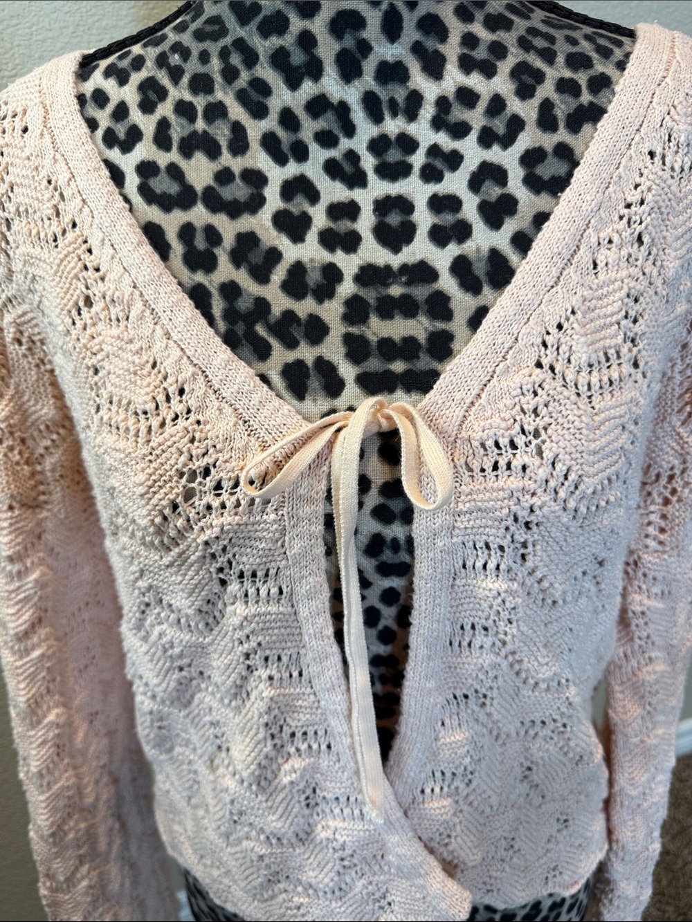 Women’s Open Knit Tie-Front Sweater Cardigan - Light Pink - Picture 2 of 8